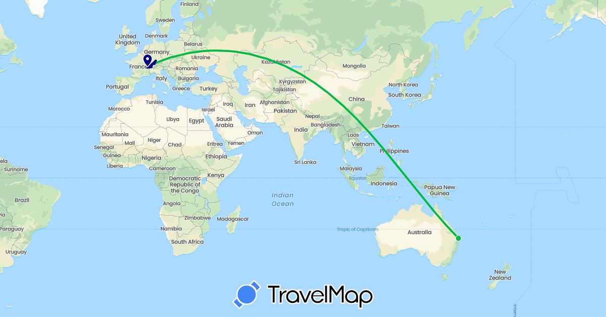 TravelMap itinerary: driving, bus in Australia, Switzerland (Europe, Oceania)
